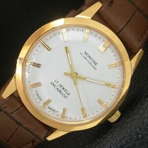 Vintage 1978 Montine Of Switzerland  Manual Mens Gold Watch W/Leather Strap